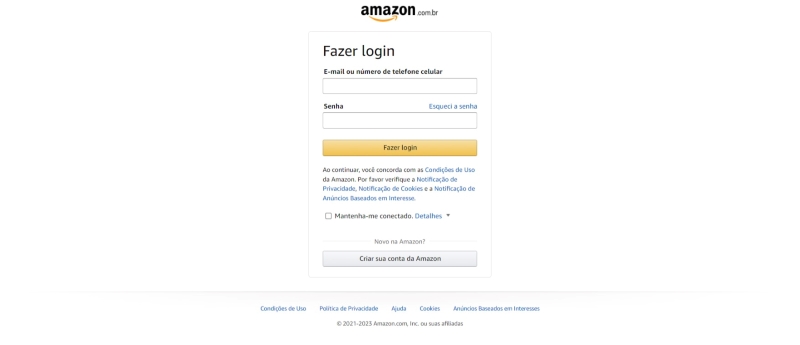Tela da pagina de login da Amazon.