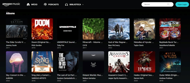 catálogo de álbuns de soundtrack de video games do Amazon Music.