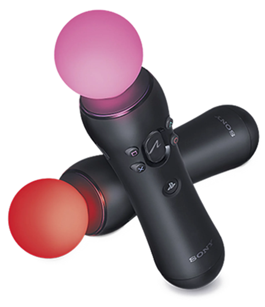 2 PlayStation Move com o LED na ponta ligado.
