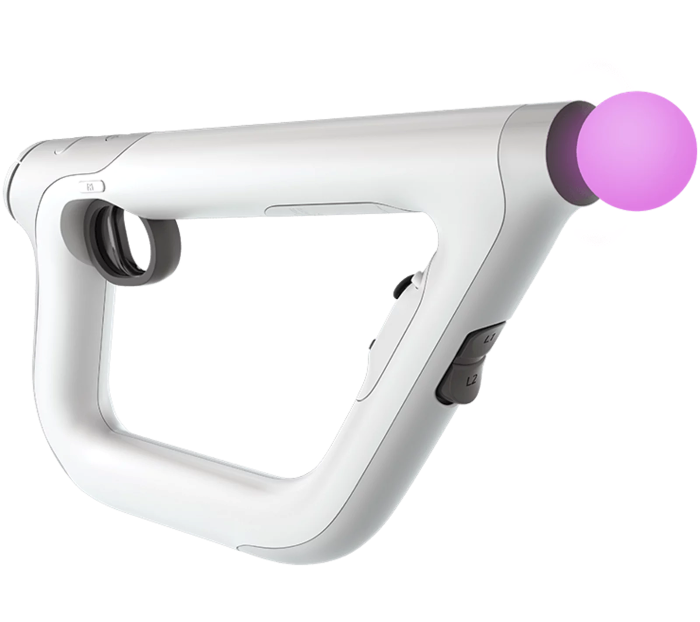 Controle de mira do PS VR da cor branca com LED na ponta ligado.