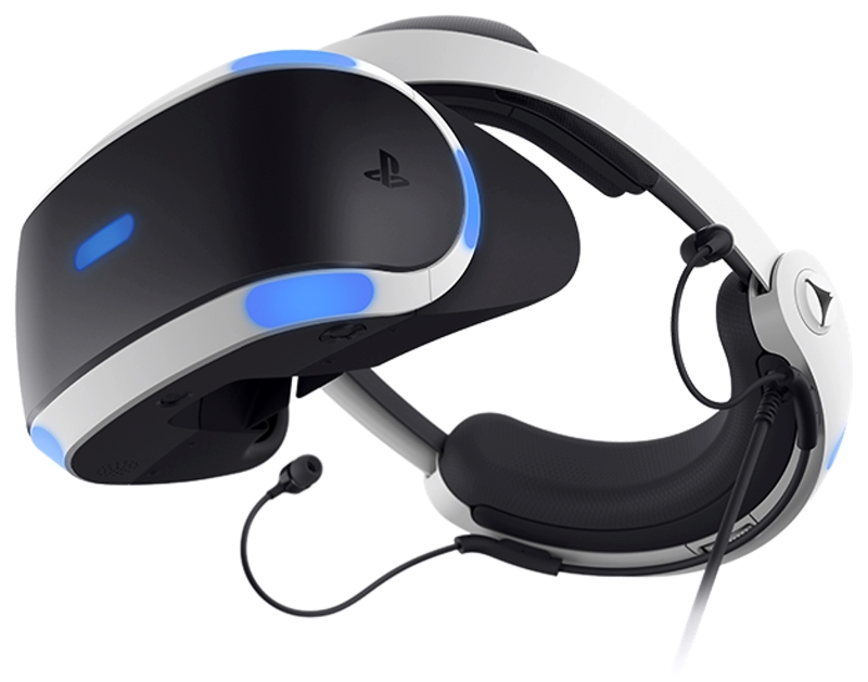 PlayStation VR com LEDs azuis ligados.